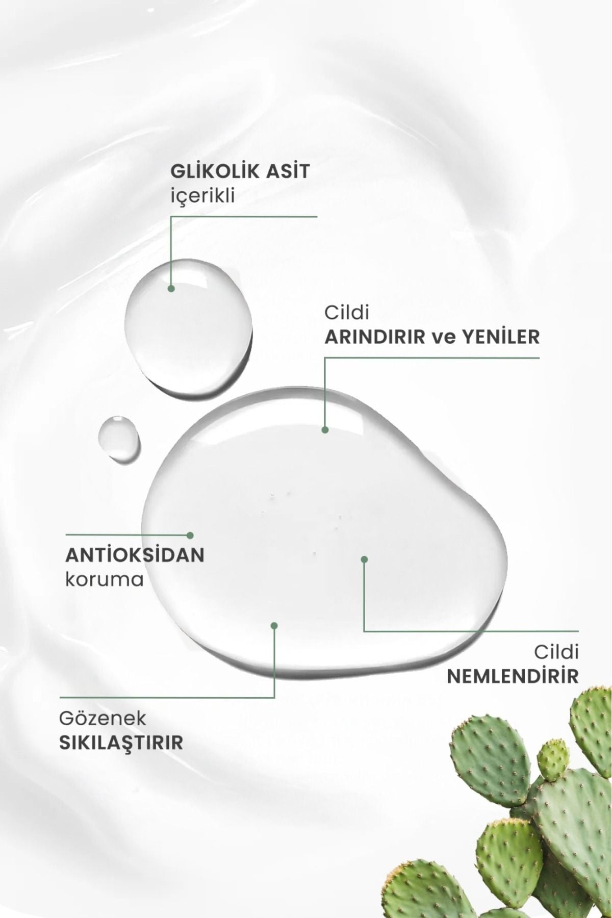 Kaktüs Özlü Leke Karşıtı Gözenek Sıkılaştırıcı Peeling Etkili Glikolik Asit Tonik Cilt Bakımı 200ml