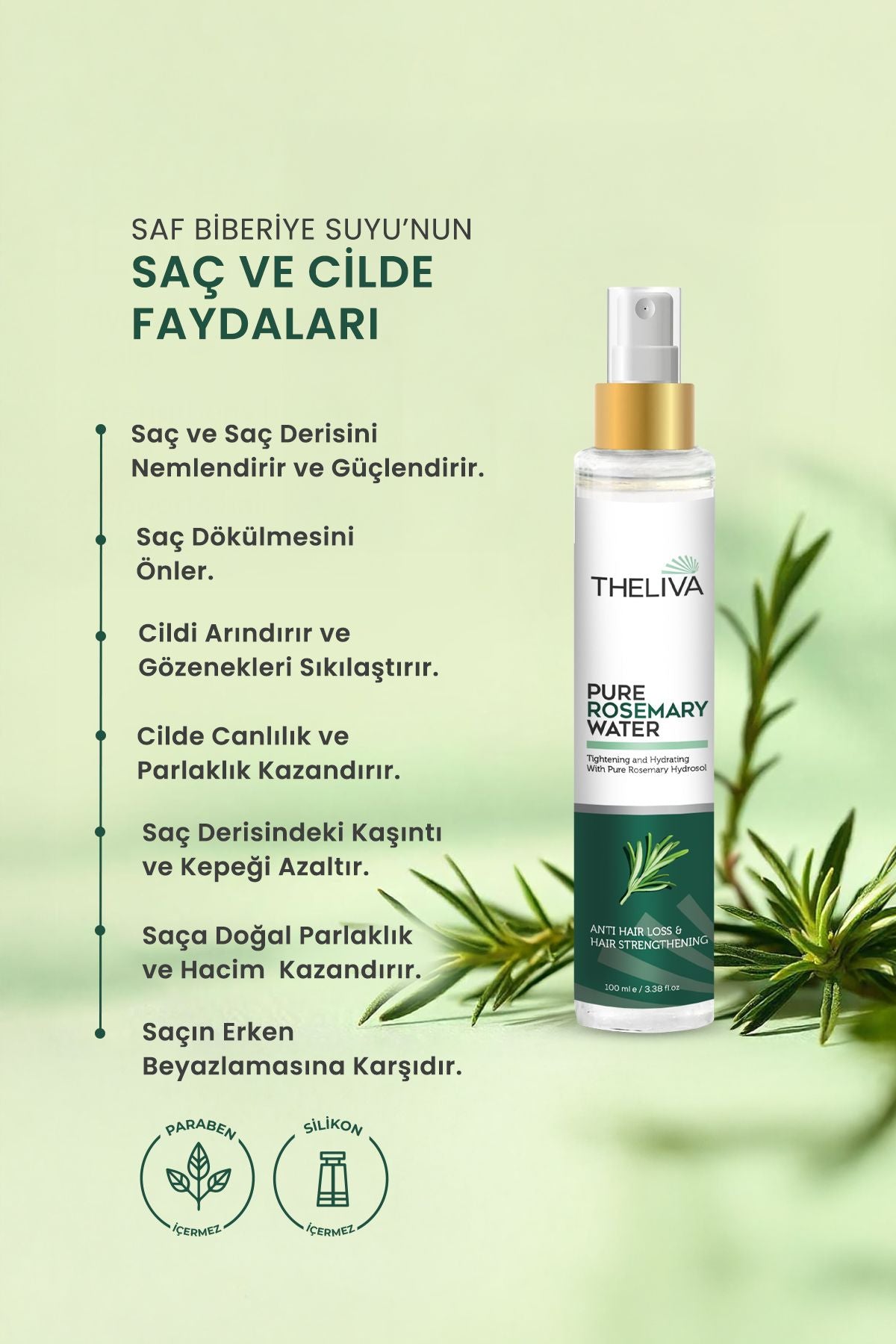 Saf Biberiye Suyu 100 ml - Hızlı Saç Uzatma & Dökülme Karşıtı Doğal Saç Toniği, saç güçlendirici