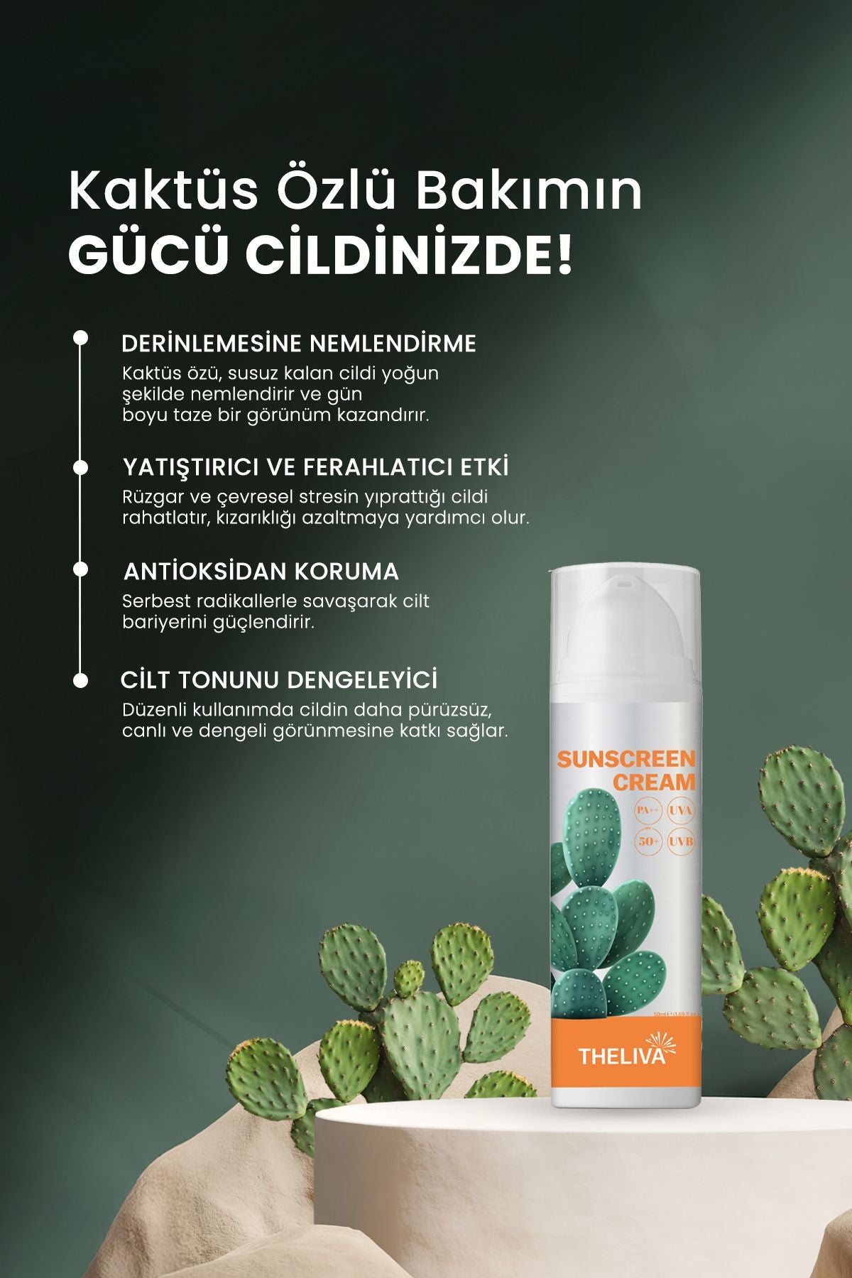 Kaktüs Özlü Spf 50 Nemlendirici Karma Cilt Tipleri Vücut Yüz Güneş Kremi 50ml