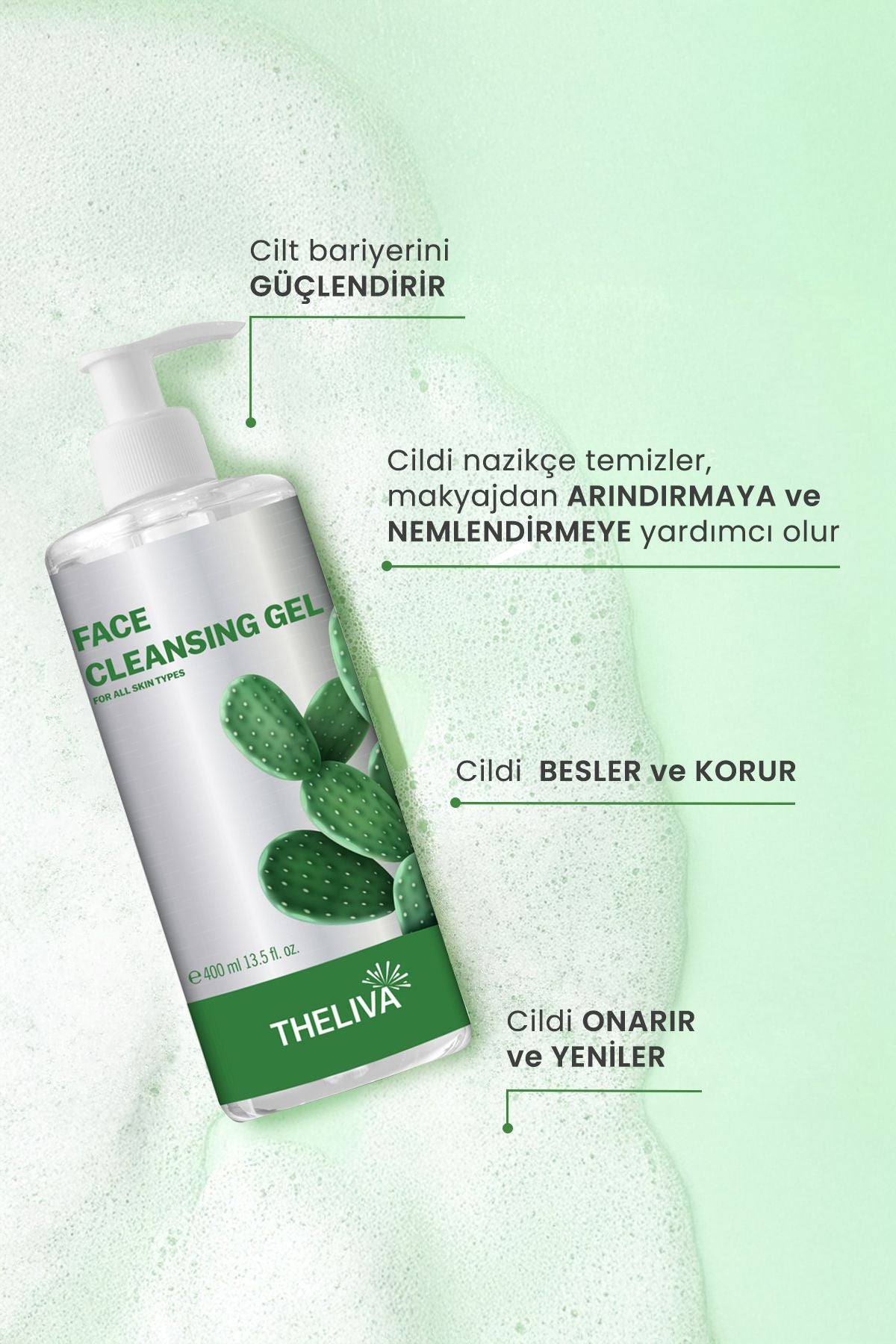 Kaktüs Özlü Yüz Temizleme Jeli Sivilce, Siyah Nokta ve Karşıtı Cilt Bakımı Arındırıcı 400 ml