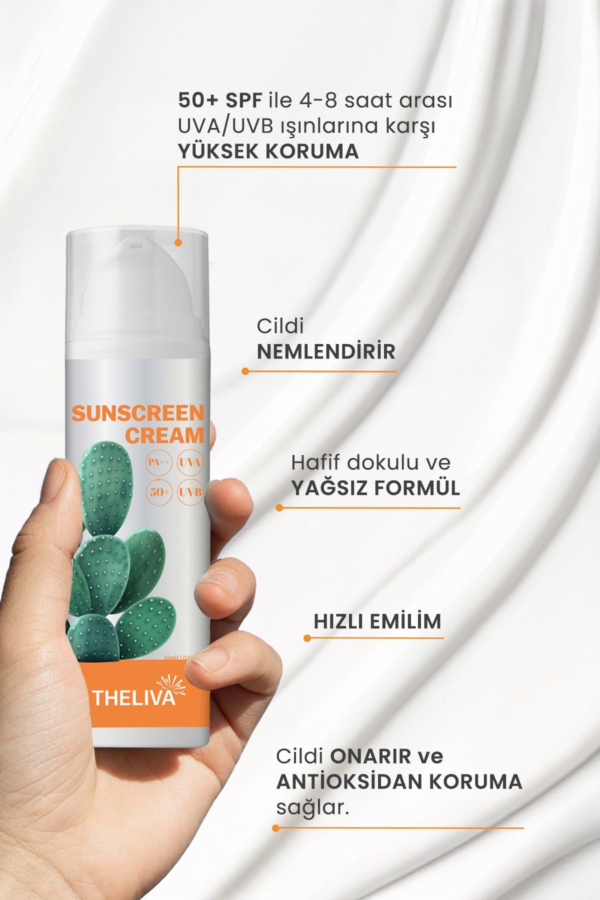 Kaktüs Özlü Spf 50 Nemlendirici Karma Cilt Tipleri Vücut Yüz Güneş Kremi 50ml