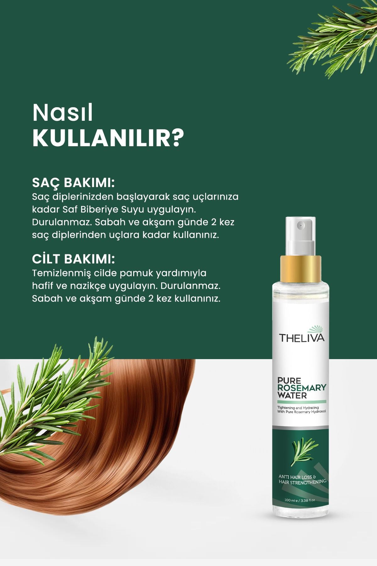 Saf Biberiye Suyu 100 ml - Hızlı Saç Uzatma & Dökülme Karşıtı Doğal Saç Toniği, saç güçlendirici 2ad