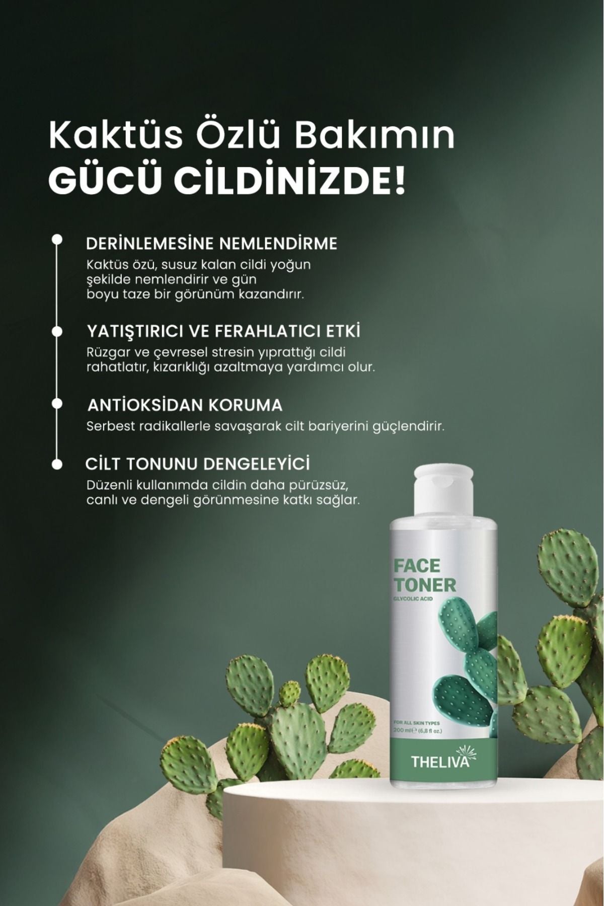 Kaktüs Özlü Leke Karşıtı Gözenek Sıkılaştırıcı Peeling Etkili Glikolik Asit Tonik Cilt Bakımı 200ml