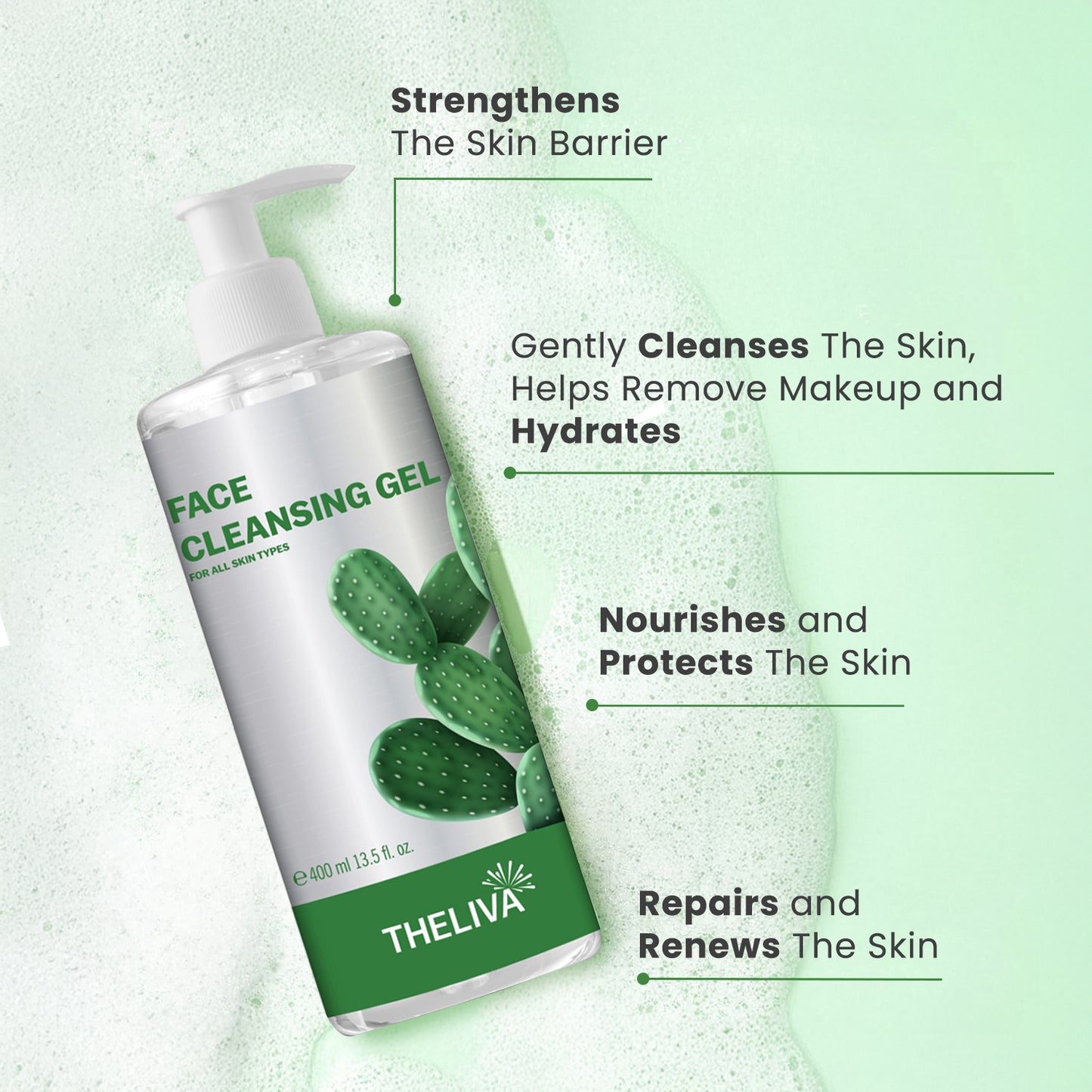 The Liva face wash for women - hydrating facial cleanser with anti aging face wash - Cactus Extract - face cleanser | gentle cleanser for face | hydro boost water gel | face wash for oily skin 13.5 oz